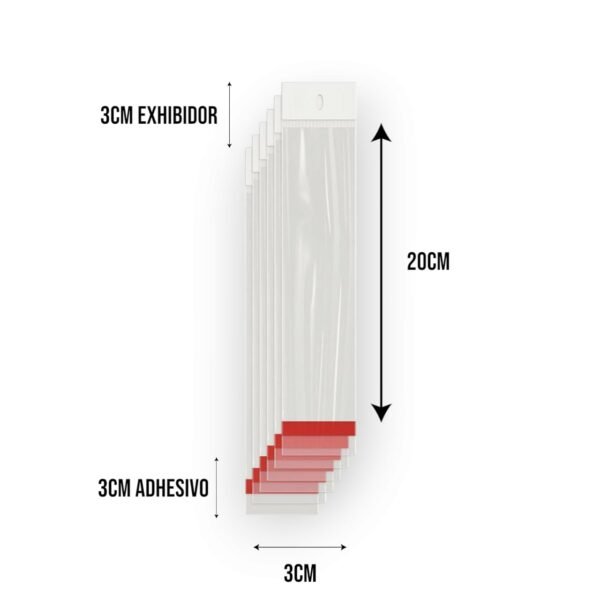 3x20+3+3 medidas 3 Bolsa Celofán con Adhesivo y Cenefa 3x20 cm – Tipo Exhibidor
