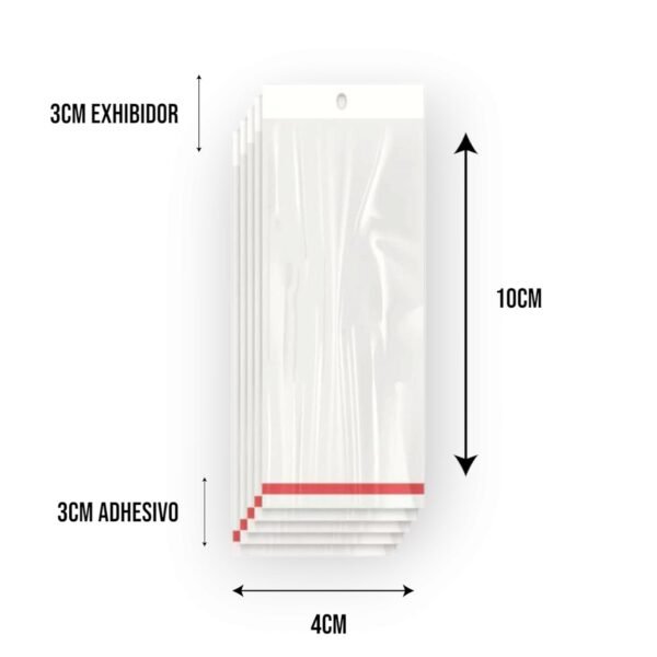 4x10+3+3 medidas Bolsa de Celofán con Cenefa 4x10 cm - Tipo Exhibidor para colgar dulces y productos