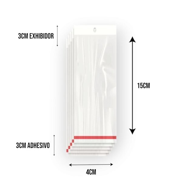 4x15+3+3 medidas Bolsa de Celofán con Cenefa 4x15 cm – Tipo Exhibidor para colgar dulces y productos