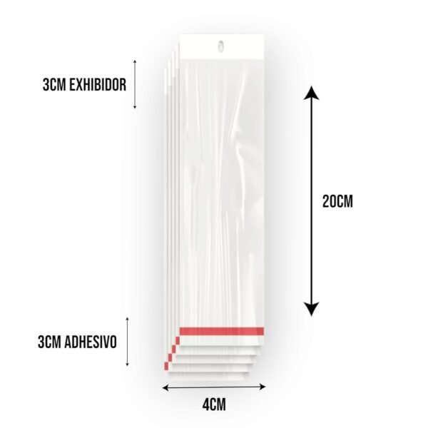 4x20+3+3 medidas Bolsa de Celofán con Cenefa 4x20 cm – Tipo Exhibidor para colgar dulces y productos