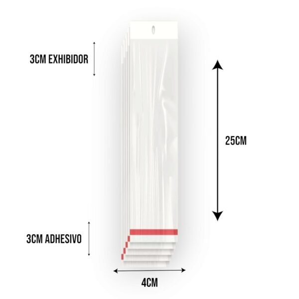 4x25+3+3 medidas Bolsa de Celofán con Cenefa 4x25 cm – Tipo Exhibidor para colgar dulces y productos