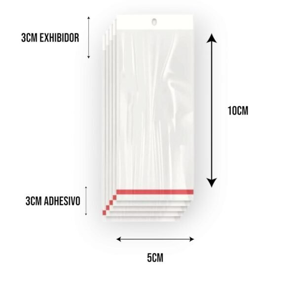 5x10+3+3 medidas Bolsa de Celofán con Cenefa 5x10 cm – Tipo Exhibidor para colgar dulces y productos