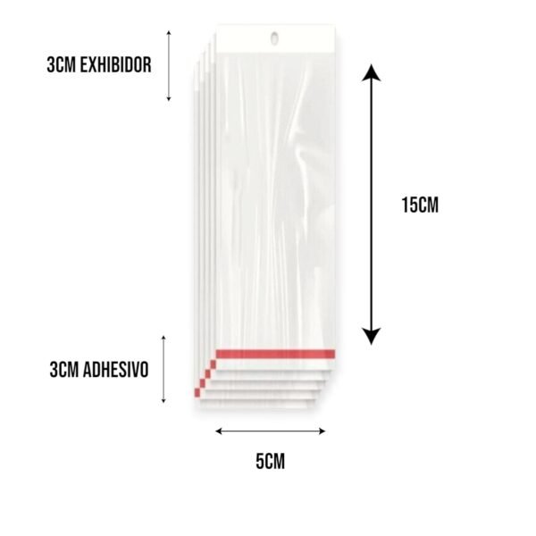 5x15+3+3 medidas Bolsa de Celofán con Cenefa 5x15 cm – Tipo Exhibidor para colgar dulces y productos