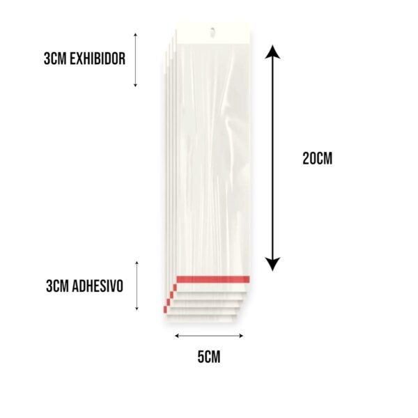 5x20+3+3 medidas Bolsa de Celofán con Cenefa 5x20 cm – Tipo Exhibidor para colgar dulces y productos