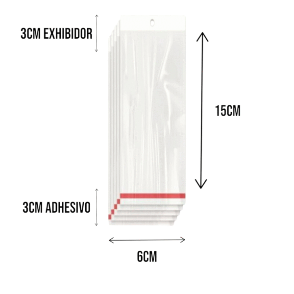 6x15+3+3 medidas Bolsa de Celofán con Cenefa 6x15 cm – Tipo Exhibidor para colgar dulces y productos