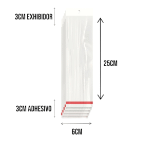 6x25+3+3 medidas Bolsa de Celofán con Cenefa 6x25 cm – Tipo Exhibidor para colgar dulces y productos