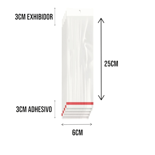 6x25+3+3 medidas Bolsa de Celofán con Cenefa 6x25 cm – Tipo Exhibidor para colgar dulces y productos