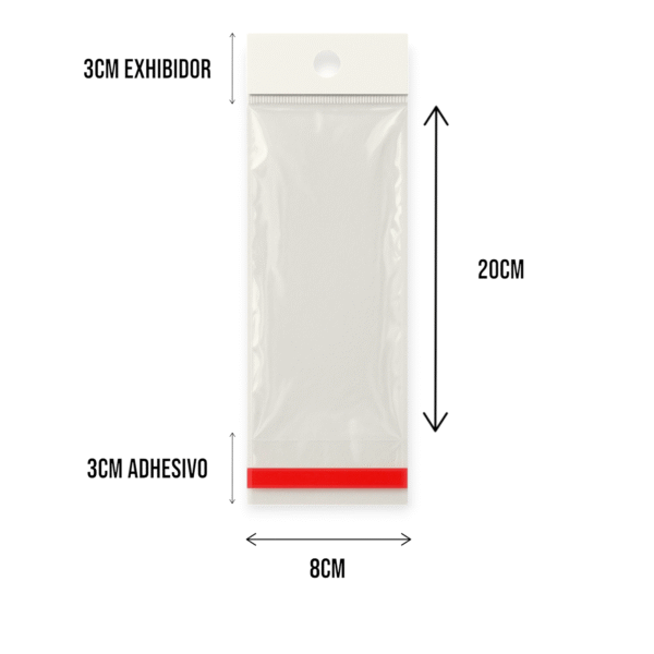 8x20+3+3 medidas Bolsa de Celofán con Cenefa 8x20 cm – Tipo Exhibidor para colgar dulces y productos