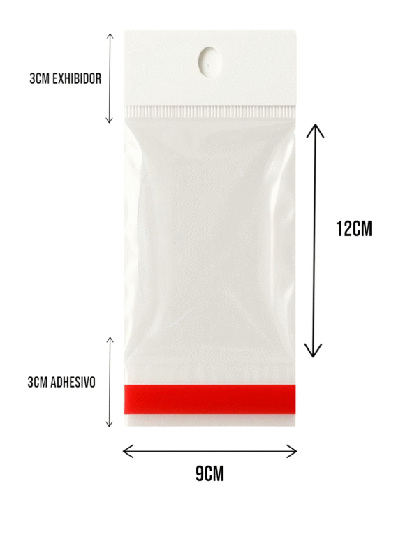 9x12+3+3 medidas Bolsa de Celofán con Cenefa 9x12 cm – Tipo Exhibidor para colgar dulces y productos