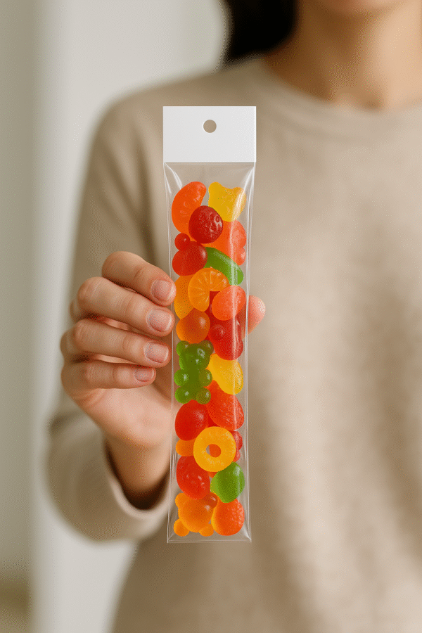 Bolsa de Celofán con Cenefa 8x30 cm – Tipo Exhibidor para colgar dulces y productos