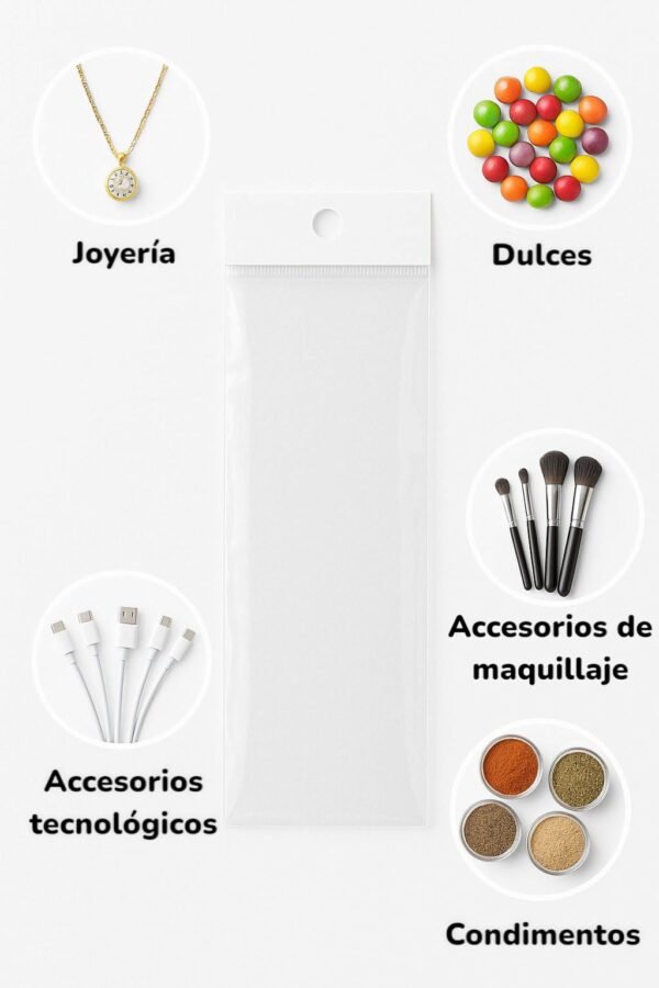 Bolsa de Celofán con Cenefa 8x30 cm – Tipo Exhibidor para colgar dulces y productos