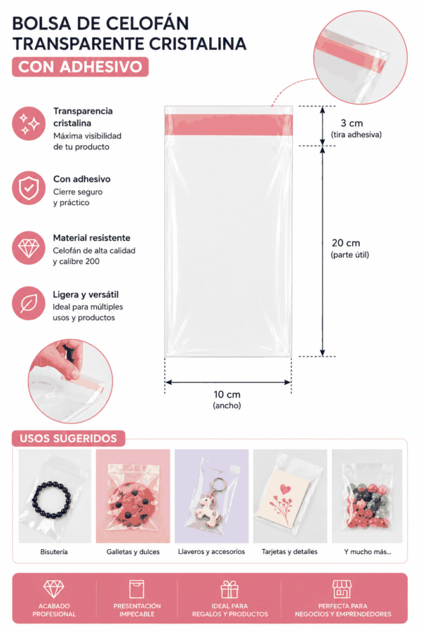 Bolsa de celofán transparente con adhesivo 10 x 20 cm