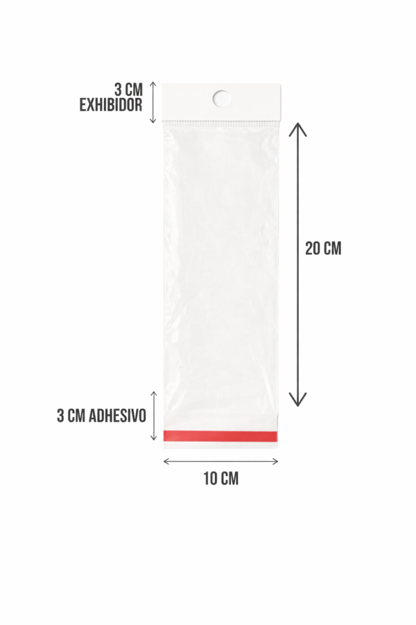 Bolsa de celofán con cenefa y adhesivo 10 x 20 cm para exhibidor