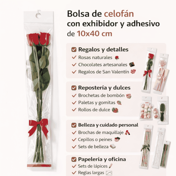 Bolsa de celofán con cenefa y adhesivo 10 x 40 cm para exhibidor