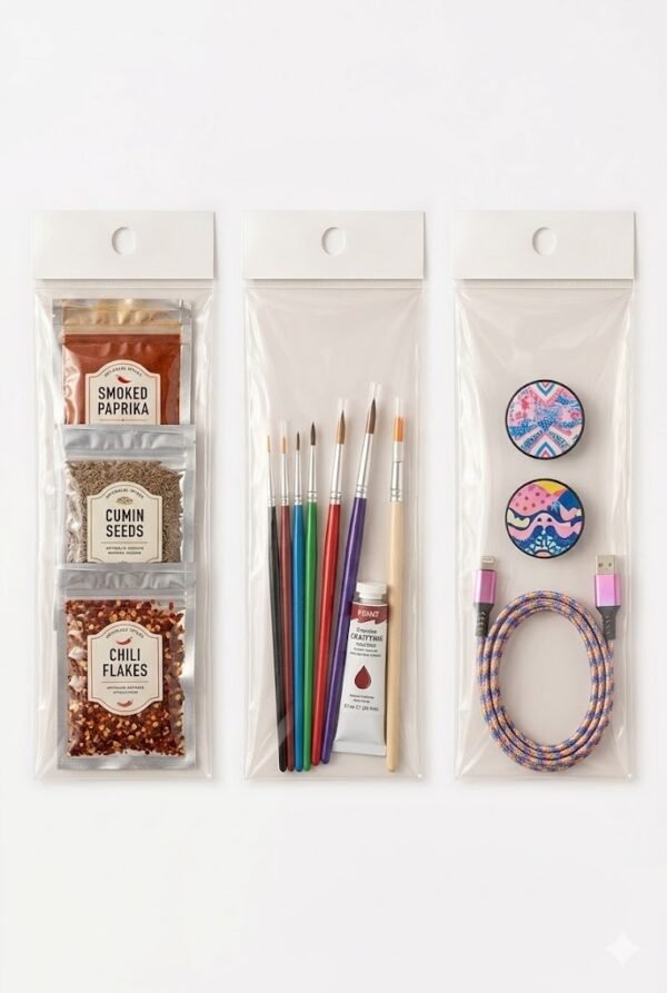 Bolsa de celofán con cenefa y adhesivo 12 x 35 cm para exhibidor