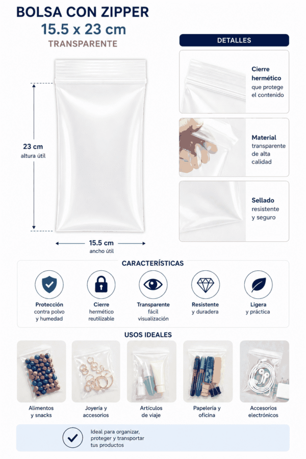 Bolsa de zipper transparente 15.5 x 23 cm