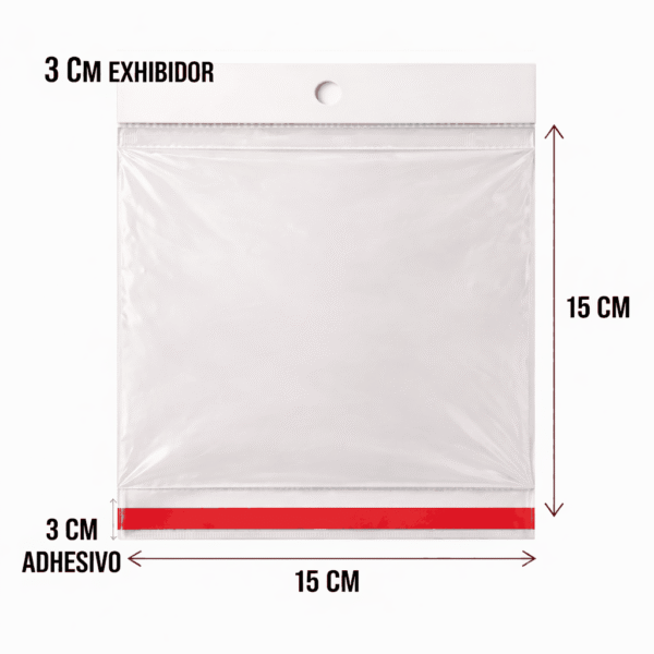 Bolsa de celofán con cenefa y adhesivo 15 x 15 cm para exhibidor