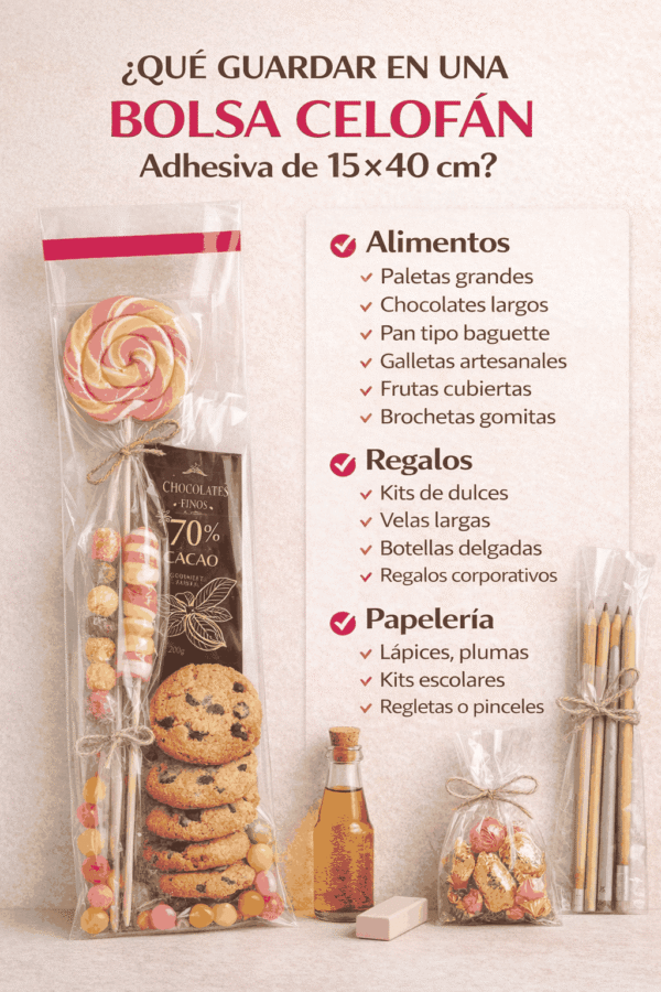 Bolsa de celofán transparente con adhesivo 15 x 40 cm