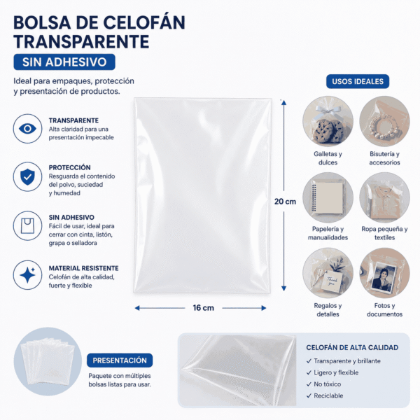 Bolsa de celofán transparente sin adhesivo 16 x 20 cm