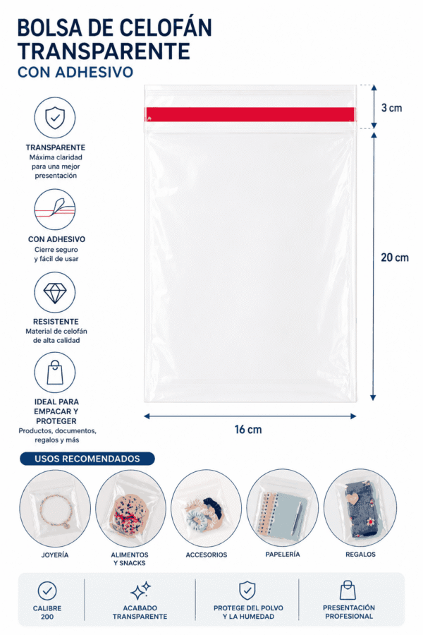 16x20+3 info Bolsa de celofán transparente con adhesivo 16 x 20 cm