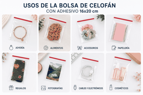 16x20+3 usos Bolsa de celofán transparente con adhesivo 16 x 20 cm