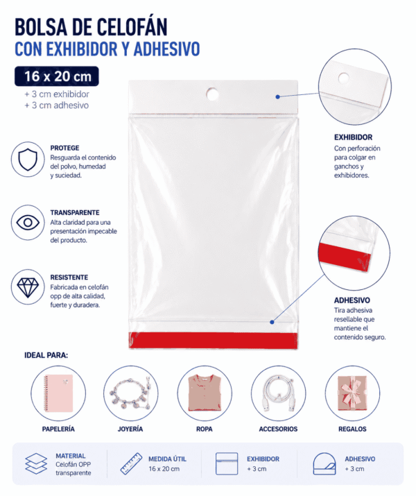 Bolsa de celofán con cenefa y adhesivo 16 x 20 cm para exhibidor