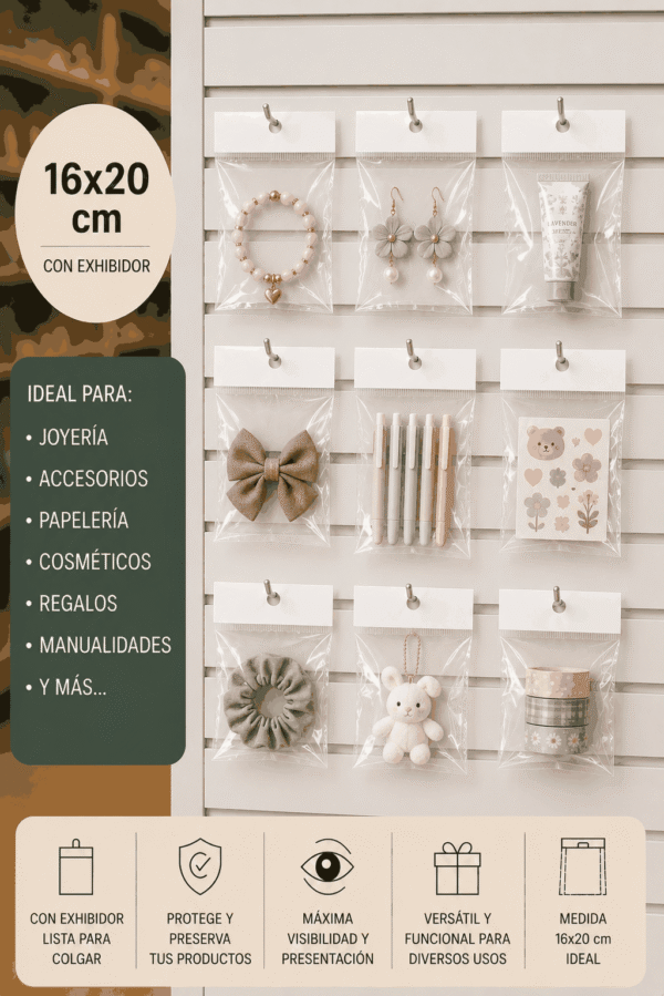 Bolsa de celofán con cenefa y adhesivo 16 x 20 cm para exhibidor