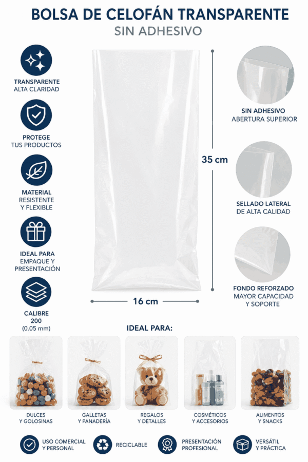 Bolsa de celofán transparente sin adhesivo 16 x 35 cm
