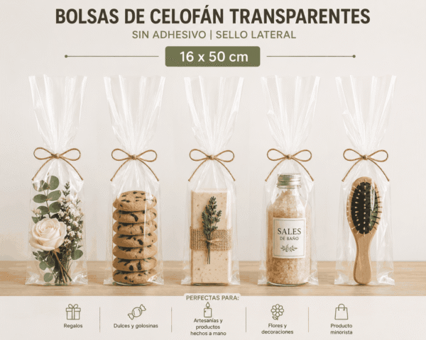 Bolsa de celofán transparente sin adhesivo 16 x 50 cm