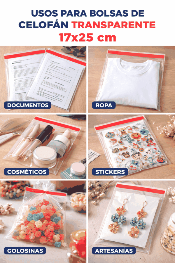 17x25+3 usos Bolsa de celofán transparente con adhesivo 17 x 25 cm