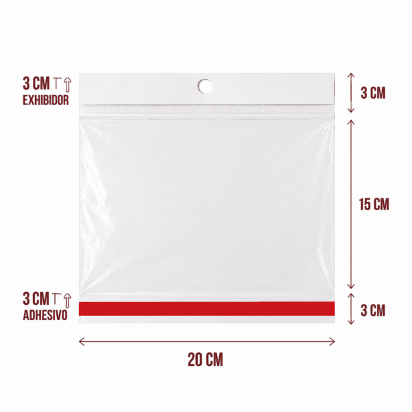 Bolsa de celofán con cenefa y adhesivo 20 x 15 cm para exhibidor