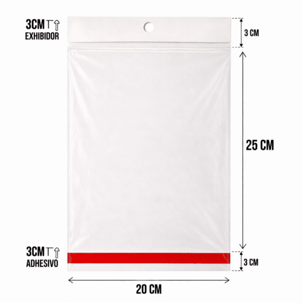 Bolsa de celofán con cenefa y adhesivo 20 x 25 cm para exhibidor