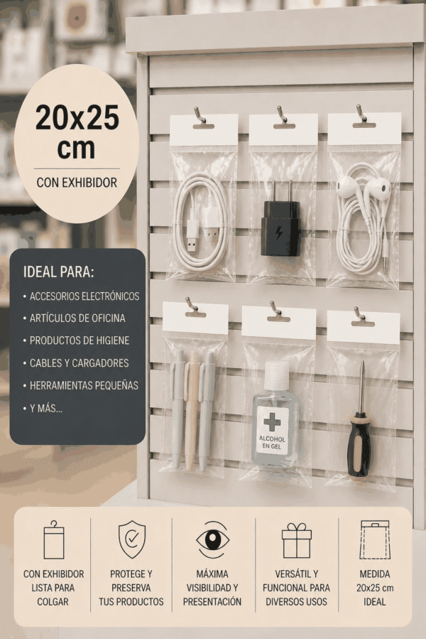 Bolsa de celofán con cenefa y adhesivo 20 x 25 cm para exhibidor