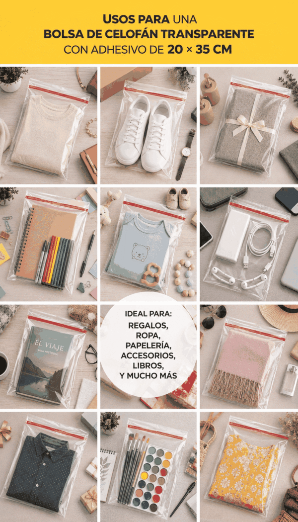 20x35+3 usos Bolsa de celofán transparente con adhesivo 20 x 35 cm