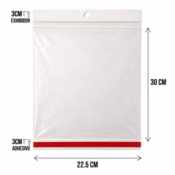 22.5x30+3+3 medidas Bolsa de celofán con cenefa y adhesivo 22.5 x 30 cm para exhibidor
