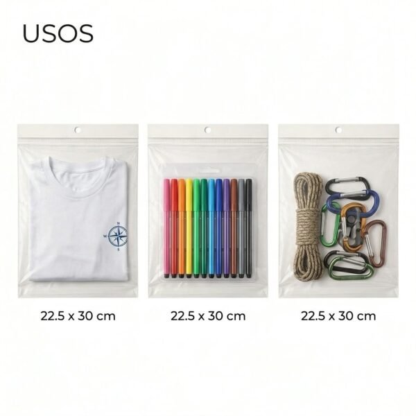 22.5x30+3+3 usos Bolsa de celofán con cenefa y adhesivo 22.5 x 30 cm para exhibidor