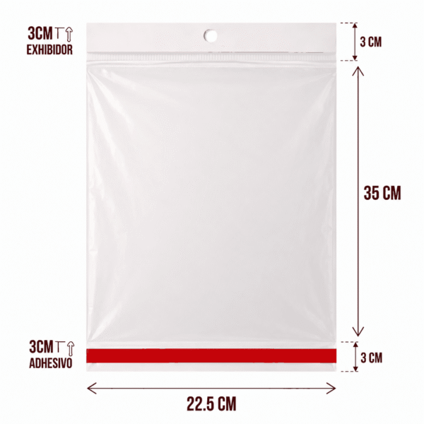 22.5x35+3+3 medidas Bolsa de celofán con cenefa y adhesivo 22.5 x 35 cm para exhibidor