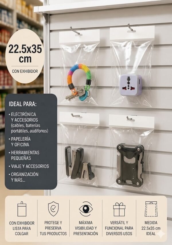 22.5x35+3+3 usos Bolsa de celofán con cenefa y adhesivo 22.5 x 35 cm para exhibidor