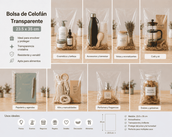 Bolsa de celofán transparente con adhesivo 23.5 x 35 cm
