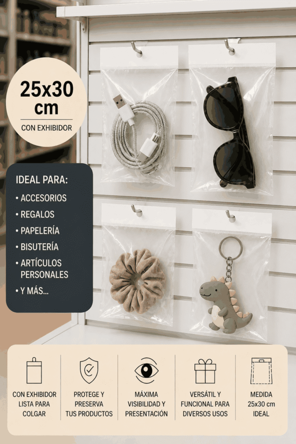 Bolsa de celofán con cenefa y adhesivo 25 x 30 cm para exhibidor