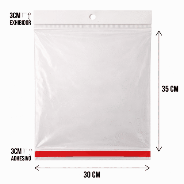 30x35+3+3 medidas Bolsa de celofán con cenefa y adhesivo 30 x 35 cm para exhibidor