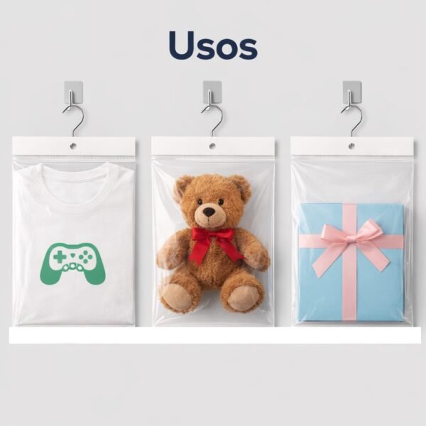 30x35+3+3 usos Bolsa de celofán con cenefa y adhesivo 30 x 35 cm para exhibidor