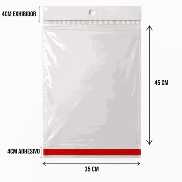 35x45+3+3 medidas Bolsa de celofán con cenefa y adhesivo 35 x 45 cm para exhibidor
