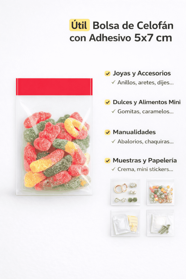 5x7+3 usos Bolsa de celofán transparente con adhesivo 5 x 7 cm