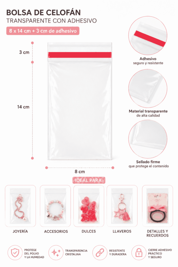 8x14+3 info Bolsa de celofán transparente con adhesivo 8 x 14 cm