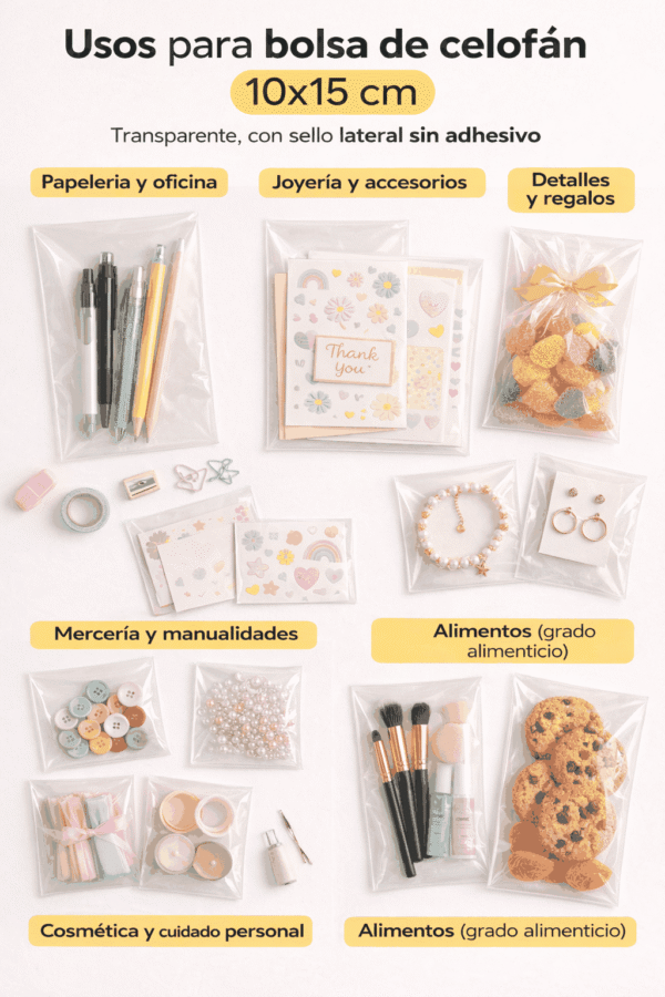 Sello lateral 10x15 usos Bolsa de celofán transparente sin adhesivo 10 x 15 cm